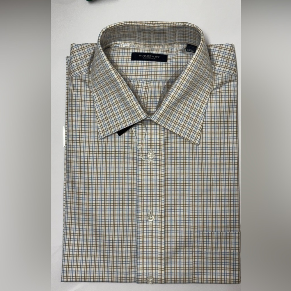 Burberry Men’s Beige and Blue Checked Dress Shirt